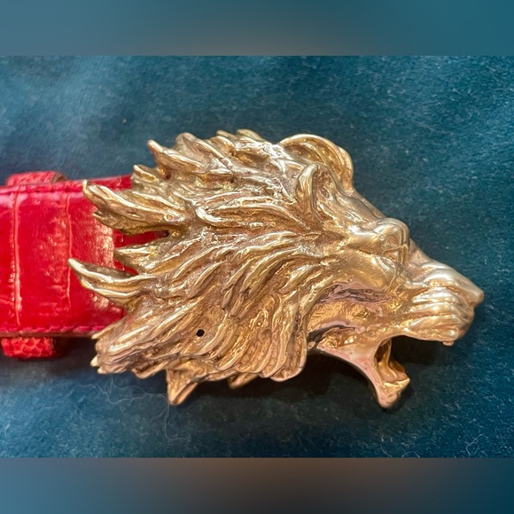 Ostrich Skin belt with Gold Lion Buckle, red, 31”L, EUC - Picture 9 of 12